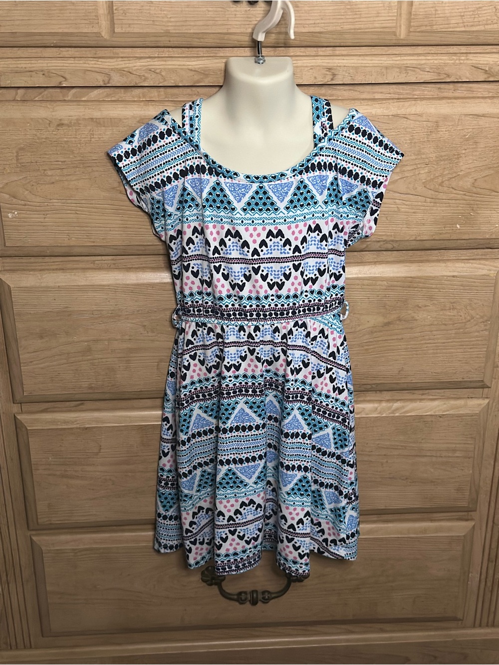 1775 | Blue & Pink Patterned Fit-and-Flare Dress | Size Small 7/8 youth)